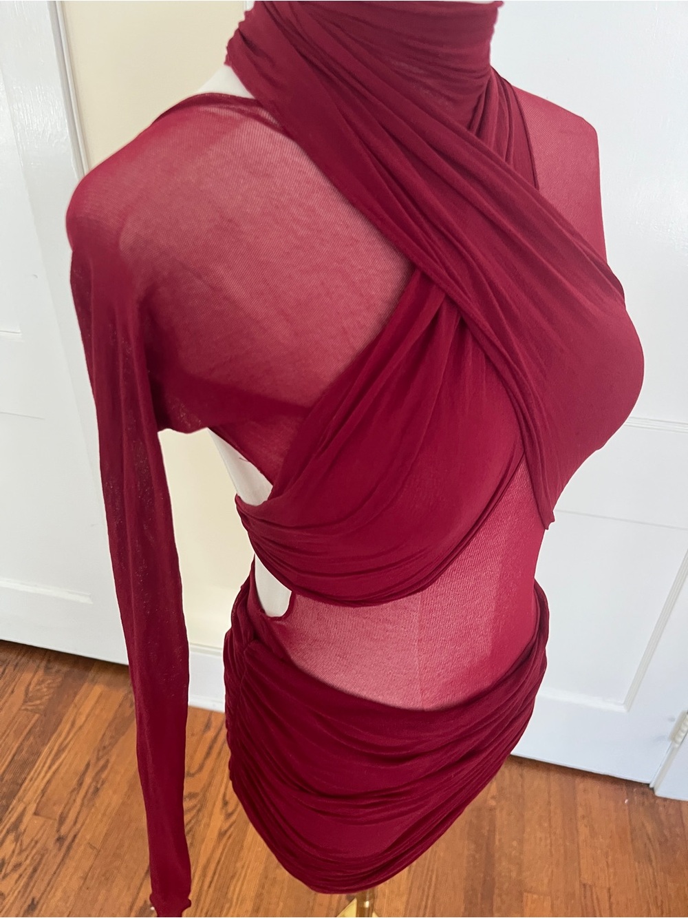Giorgio Sant’Angelo Burgundy After-Dark Drama—Sheer Bodysuit & Skirt Set